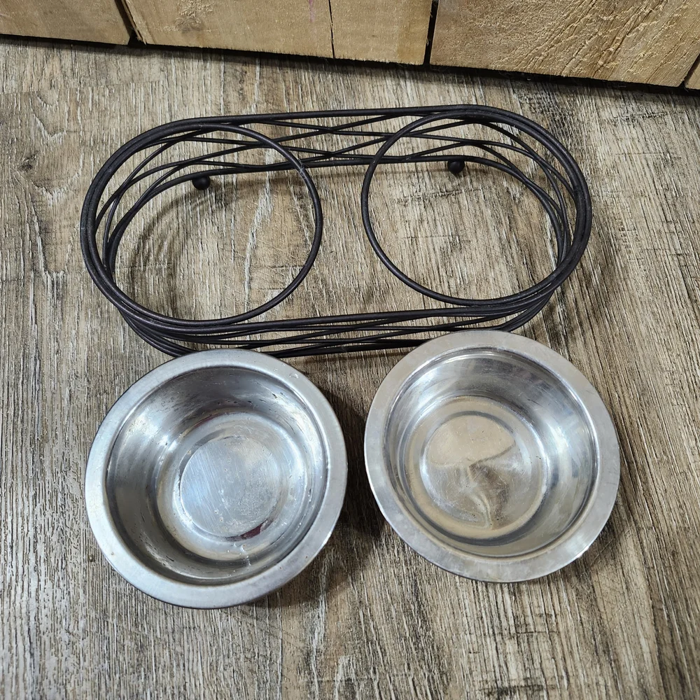 Metal Double Pet Bowl with Black Wire Stand